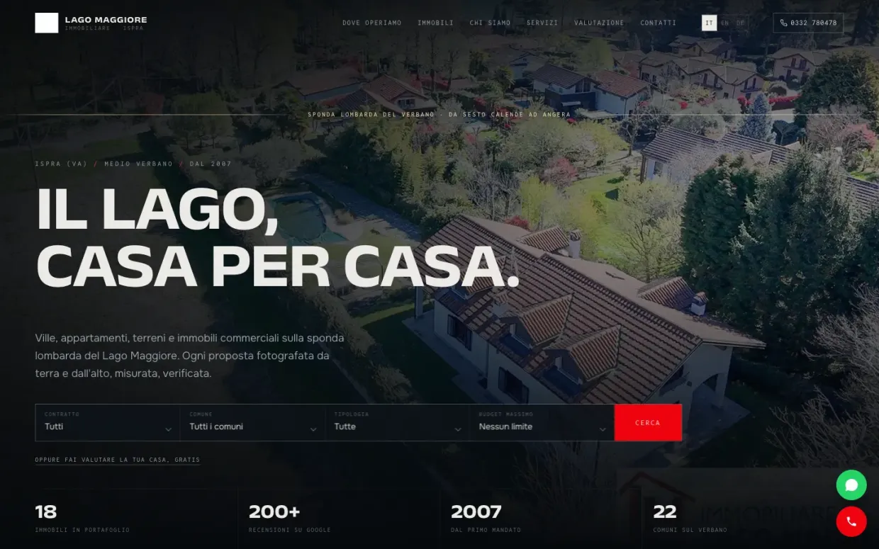 La home del sito rifatto per Immobiliare Lago Maggiore: ricerca a filtri per contratto, comune, tipologia e budget, portafoglio immobili e valutazione gratuita.